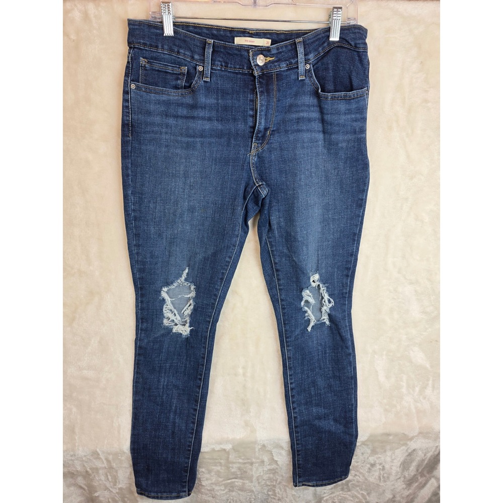 Levis 711 Skinny Jeans Womens 31 Distressed Knee Dark‎ Wash Denim Indigo
